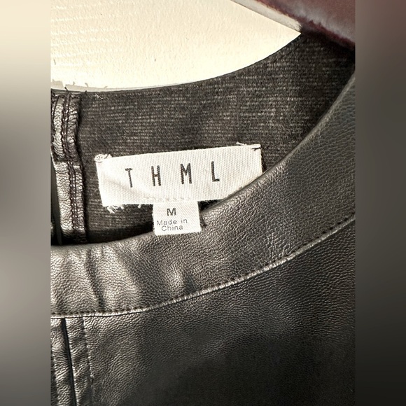 THML Anthropologie Lucille Short Puff Sleeve Faux Leather MEDIUM Babydoll A-Line - Picture 7 of 15